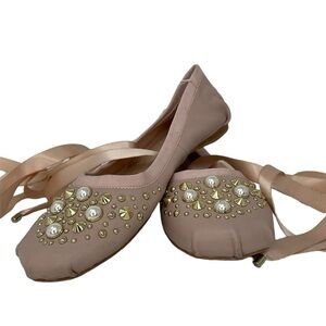 Topshop Ballet Flats Women's 5 Pink Satin Rhinestones Lace Up Round Toe